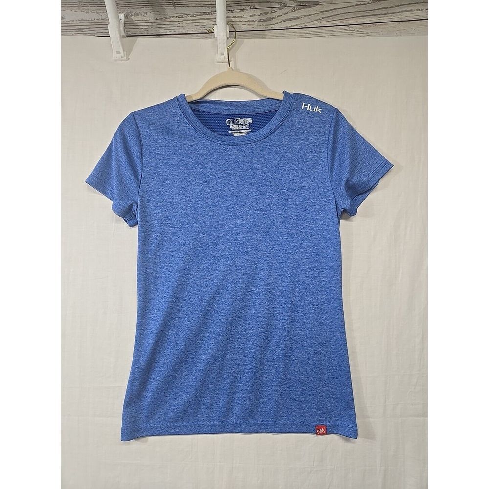 HUK Fishing Bass Short Sleeve T-Shirt Size YM Youth Heathered Blue‎ Athletic